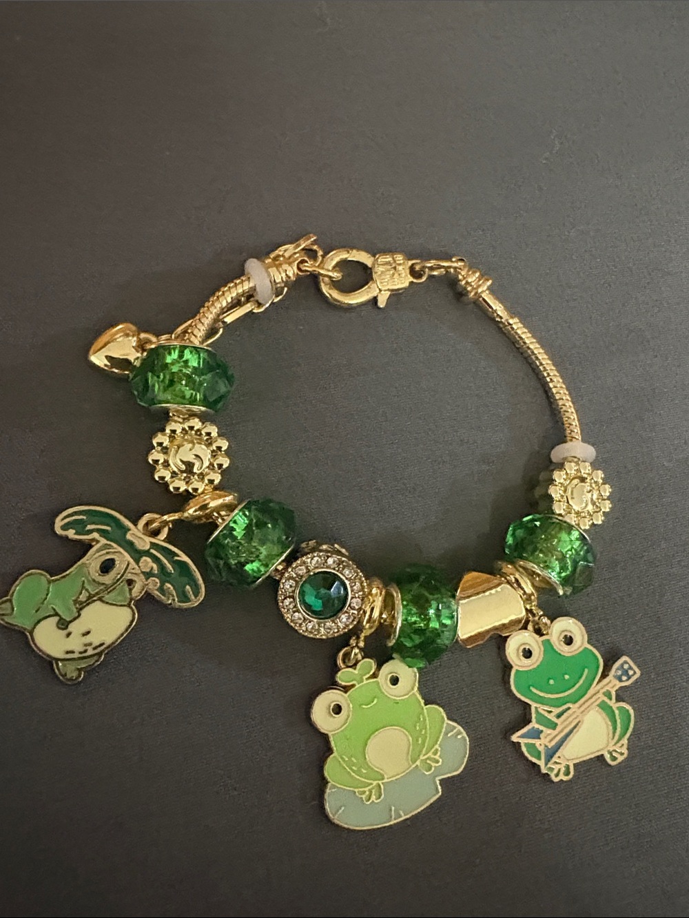 Gold-Tone Green Frog Charm Bracelet - Unbranded